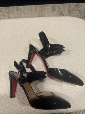 Christian Louboutin Black Patent Pointed-Toe Studded Ankle-Strap Heels